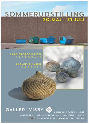 Galleri Visby udstillingsplakat for vinterudstilling 2022 med Peter Møller og Morten Bøgh Andersen (billedkunst) og Dorte Visby (Keramik)