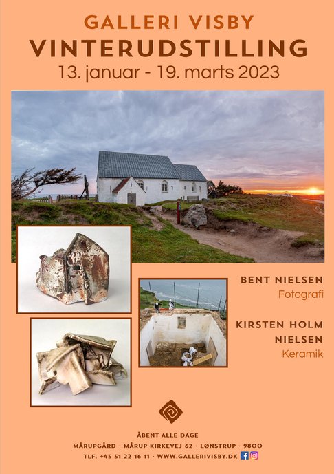 Udstillingsplakat - Galleri Visby Vinterudstiiling 2023 med Kirsten Holm Nielsen (Keramik) og Bent NIelsen (Fotografi)