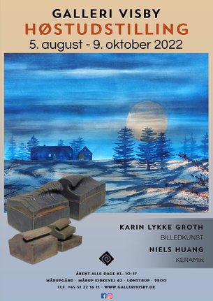 Galleri Visby udstillingsplakat for forårsudstilling 2022 med Elsebeth Sommer (billedkunst), Ole Krongaard (keramik) og Michael West (knivmageri)